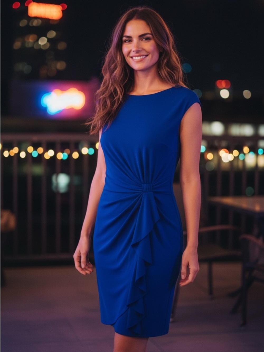 Beautiful Chaps Women’s Royal Blue Sleeveless Draped Midi Dress, Size Medium